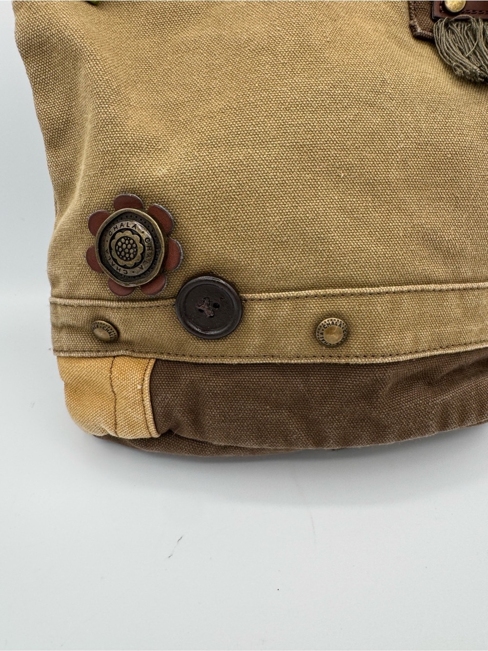 Chala Patch Embellished Canvas Crossbody Messenger Bag- Olive Green Tan Brown - Picture 7 of 11